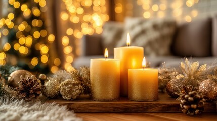 cozy advent candles and gold christmas decorations in warm living room light