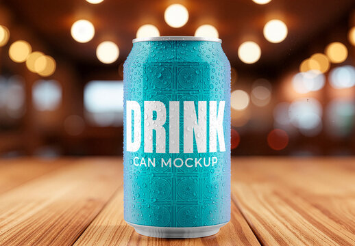 Soda Can With Water Droplets On Wooden Table Mockup
