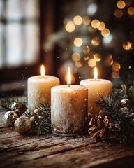 Fototapeta na wymiar three glowing advent candles on rustic wooden table with pine and bokeh