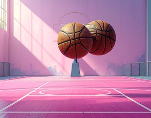 Two basketballs float in a vibrant pink indoor court