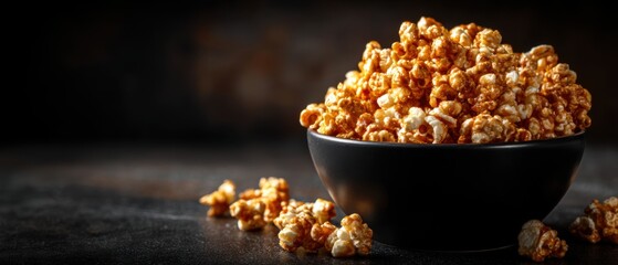 Caramel colored popcorn in black bowl on dark surface