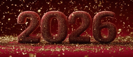 Red glitter 2026 numbers on red background
