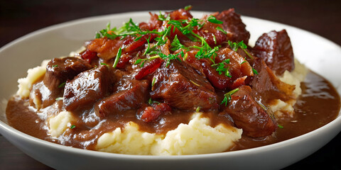 Gravy & Comfort: Rustic Mash Meat Harmony, ai generated.
