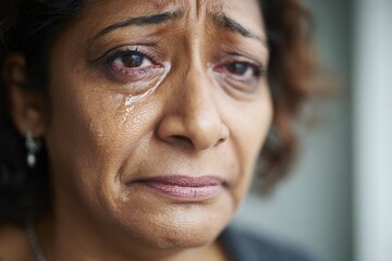 Fototapeta premium Close-up Middle Eastern woman crying with mascara smudge and swollen eyes.