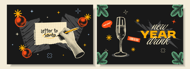 Playful collage posters for New Year featuring retro halftone elements: handwritten letter to Santa, drink glass, ornaments, barcode tags, and festive lettering in bold nostalgic style.