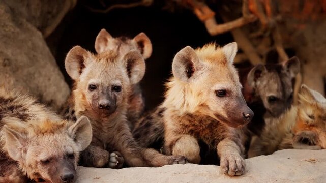 Group of Hyena puppies resting on sand