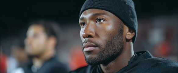 Focused player attentively listens as coaches explain strategic game plan before kickoff.
