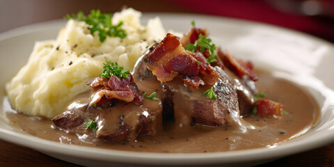 Gravy & Comfort: Rustic Mash Meat Harmony, ai generated.