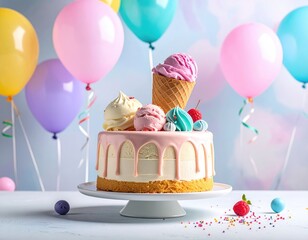 Festive Birthday Cake with Ice Cream and Balloons against Pastel Backdrop