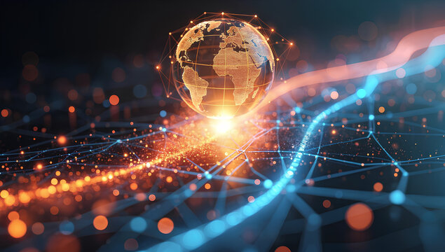 Abstract tech network data connections with orange, blue glowing dots, lines shaping artificial intelligence neural network, machine learning, cloud computing concept, digital transformation solutions