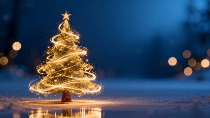 Magical Sparkling Christmas Tree with Golden Light Swirl at Night