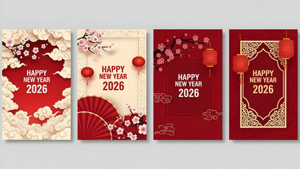 Collection of four chinese new year 2026 greeting card designs featuring red and gold elements, lanterns, cherry blossoms, and traditional patterns