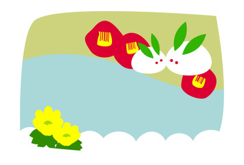 雪うさぎと椿の寒中お見舞いはがきテンプレート（文字無し）