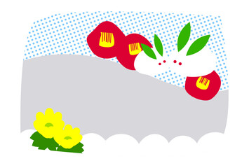 雪うさぎと椿の寒中お見舞いはがきテンプレート（文字無し）