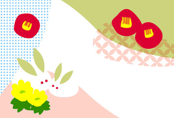 雪うさぎと椿の寒中お見舞いはがきテンプレート（文字無し）