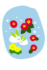 雪うさぎと椿の寒中お見舞いはがきテンプレート（文字無し）