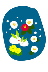 雪うさぎと椿の寒中お見舞いはがきテンプレート（文字無し）