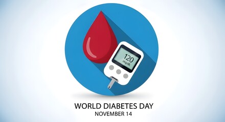 World Diabetes Day Illustration with Blood Drop and Glucose Meter on Blue Circle