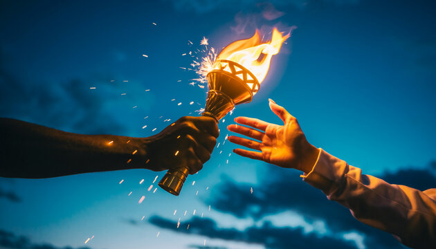 Symbolic passing of flaming torch representing leadership transition and inspiration