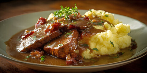 Gravy & Comfort: Rustic Mash Meat Harmony, ai generated.