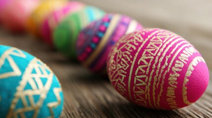 Colorful painted eggs are lined up on a wooden surface for easter celebration