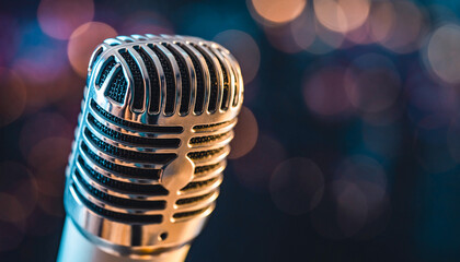 Close up vintage chrome microphone with colorful bokeh stage lights ready for live music performance or speech