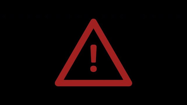 Seamless loop animation of a red attention sign pulsing with heartbeat motion. Glowing exclamation mark warning symbol on transparent background for danger overlay.