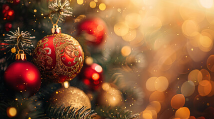 Christmas tree decorated with red and golden balls with bokeh lights. Xmas and New Year ornaments. Mockup for Christmas greeting card. Copy space. Close-up.