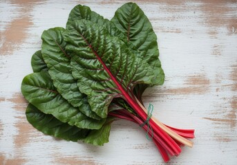 Fresh bunch of red chard with vibrant green leaves and striking red stems, tied with string on a rustic white wooden table background.