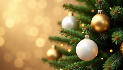Christmas tree decorated with white and golden balls with bokeh lights. Xmas and New Year ornaments. Mockup for Christmas greeting card. Copy space. Close-up.