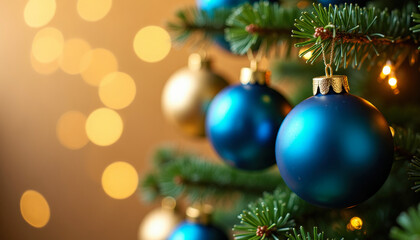 Christmas tree decorated with blue and golden balls with bokeh lights. Xmas and New Year ornaments. Mockup for Christmas greeting card. Copy space. Close-up.