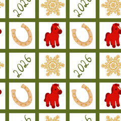 Seamless Pattern Created for a Tablecloth Featuring Horses, Snowflakes, and Other Shapes Suitable for Holiday Themes