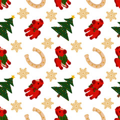 Seamless Design Pattern With Red Animals and Holiday Symbols for Tablecloth Decoration