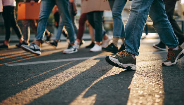 Low angle view of people walking together on sunlit city street casting long shadows symbolizing movement unity and public action