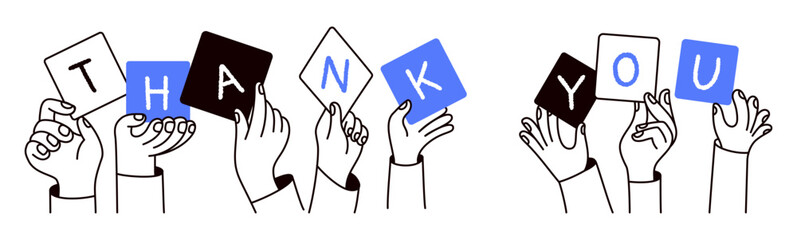 Vector simple linear illustration, hands and gesture, hand drawn illustration, poster, logo, print design template, business and creative work concept, hands holding thank you phrase