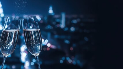 Champagne toast with city lights in background