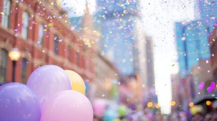 Colorful confetti floats in the air above a busy city street during a festival