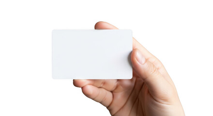 Hand holding blank white business card with copy space for branding and information transparent background black background
