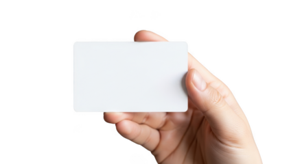 Hand holding blank white business card with copy space for branding and information transparent background black background