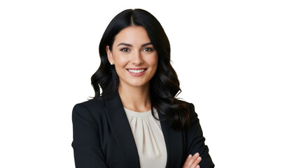 Professional business woman smiling confidently in a black blazer transparent background black background