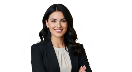 Professional business woman smiling confidently in a black blazer transparent background black background