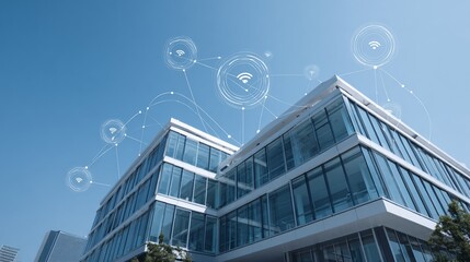 Modern office building with digital WiFi signal overlay against clear blue sky