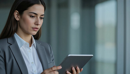 Focused businesswoman using a tablet while working in a modern office