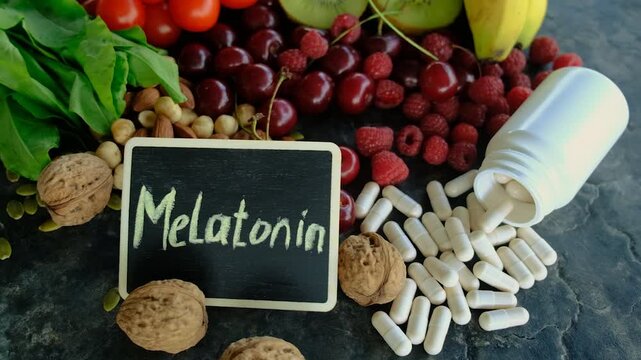 Foods containing melatonin on a beautiful background. Selective focus.
