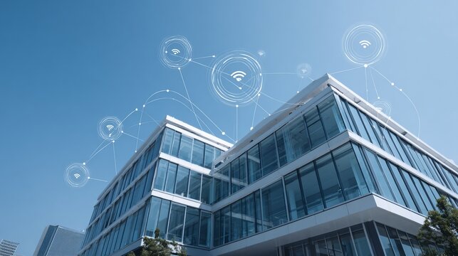 Modern office building with digital WiFi signal overlay against clear blue sky