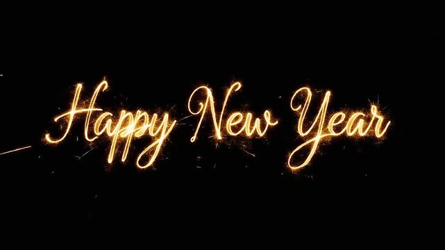 花火のように輝くHappy new yearの文字