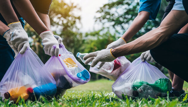 Volunteers Hands Holding Purple Bags Collecting Plastic Bottle From Green Grass