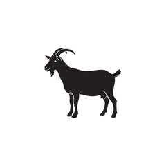 Goat silhouette vector illustration. Black farm animal shape isolated on white background. Domestic livestock icon with horns. Rural agriculture symbol.