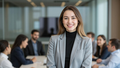 Group of multicultural young office colleagues smiling together in modern workspace
