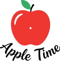 Red apple graphic illustration featuring a vibrant green leaf and the elegant script text 